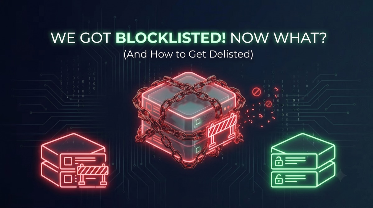 A mail server wrapped in glowing red chains between a blocked red server and a healthy green one, titled "We Got Blocklisted! Now What?"
