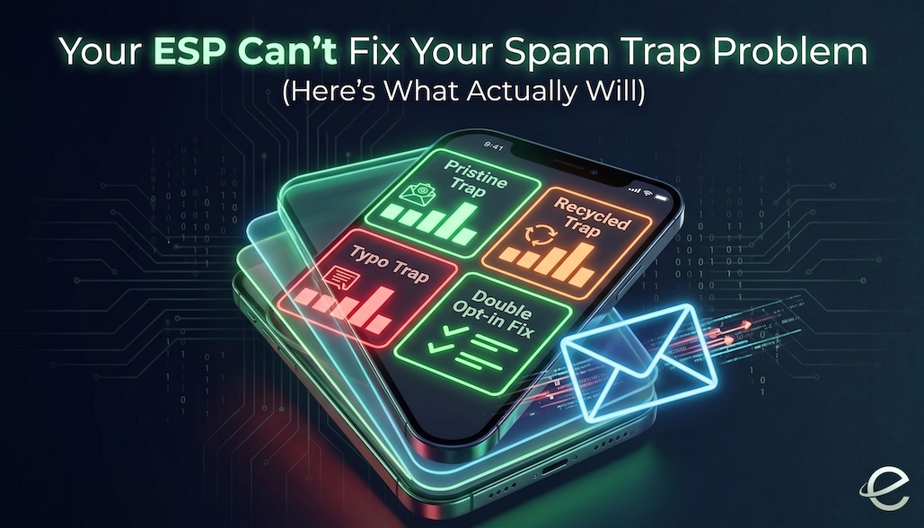 Pristine, recycled, and typo spam trap categories glowing on a phone screen, with a double opt-in fix panel